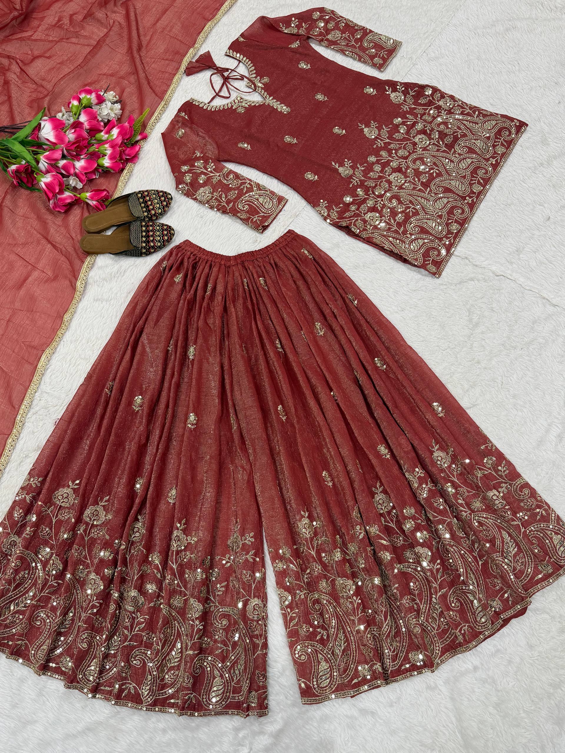 Urban Copper-Red Embroidered Flared Ensemble